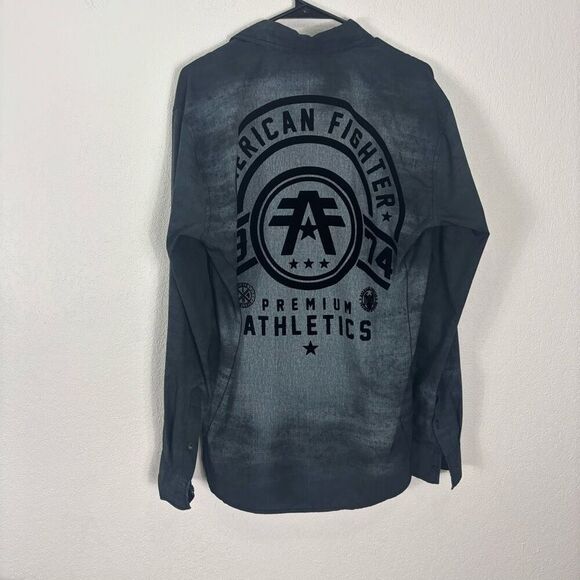 American Fighter Grey and Light Grey Acid Wash Collared Button Down Shirt Men's - Picture 2 of 8